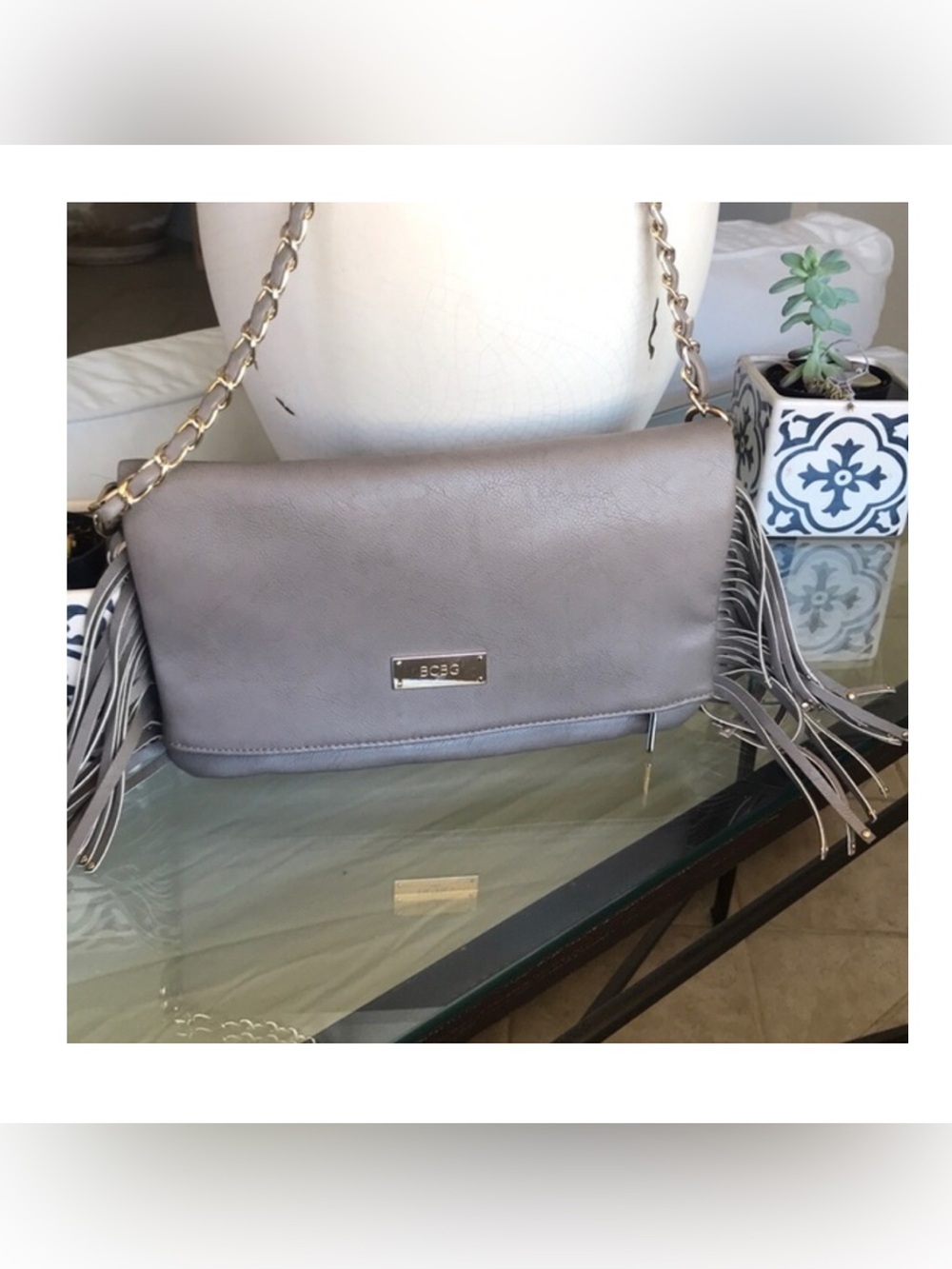 BCBG PARIS grey purse vegan leather with fringe and chain link strap like‎ new!